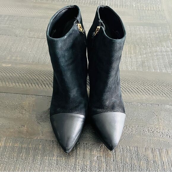 Tory Burch Rivington Leather Suede Toe Cap Black Block Heel Booties Size 8 - Picture 3 of 11